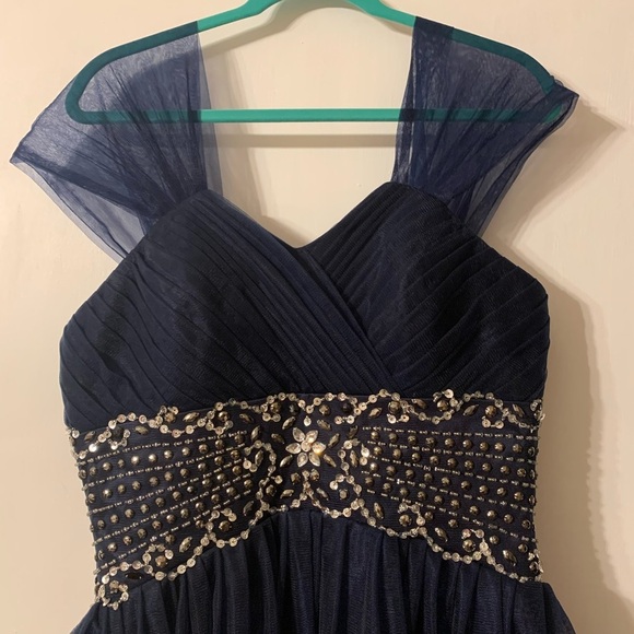 Hebeos Navy Blue Sweetheart Embellished Waist Tulle Flowing Formal Gown, WDress2 - Picture 5 of 8